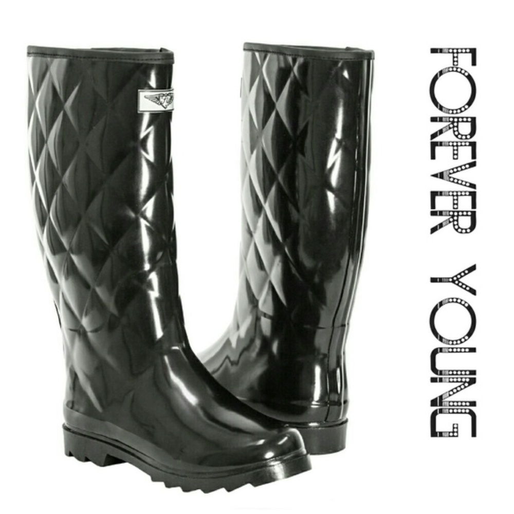 Women's Rainboots, Tall Quilted Waterproof Rain Boots, RB-1411, Black, Size 6 - Picture 4 of 4